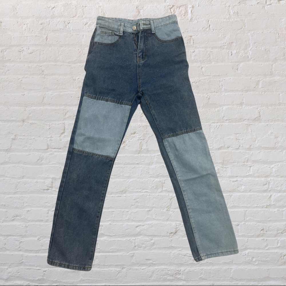 Women's Patchwork Pants Hight Waist Distressed Straight Denim Jeans